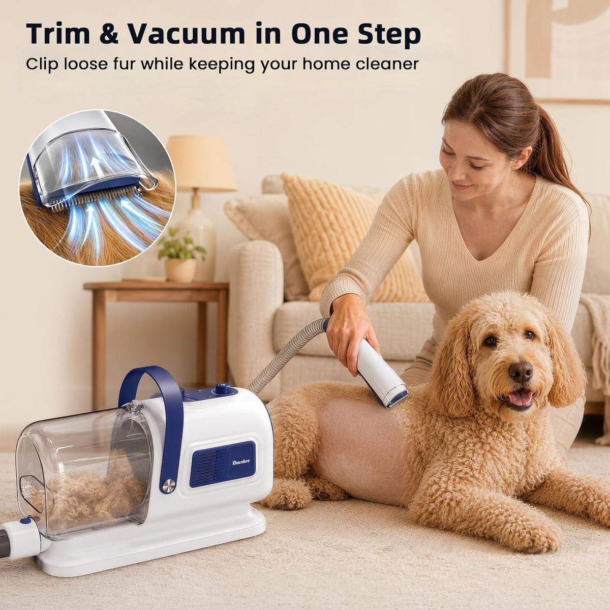 buenkee 2-in-1 dog grooming vacuum and dog blow shown in use