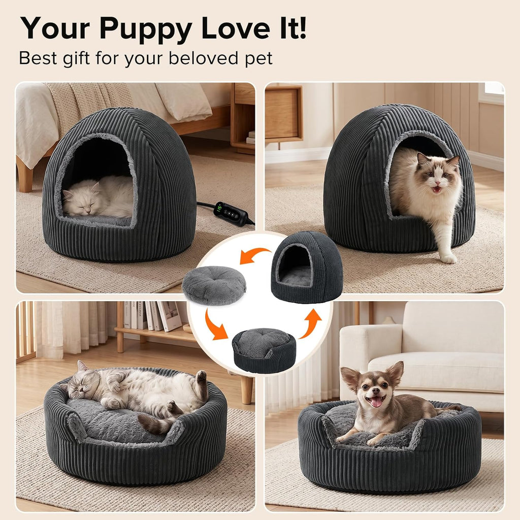 2 in 1 foldable heated cat cave beds, front angle view