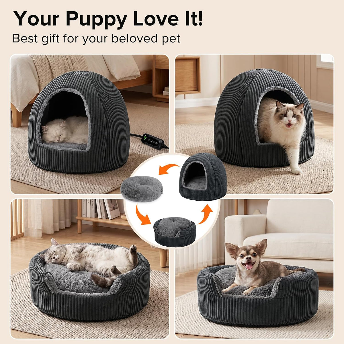 2 in 1 foldable heated cat cave beds, front angle view