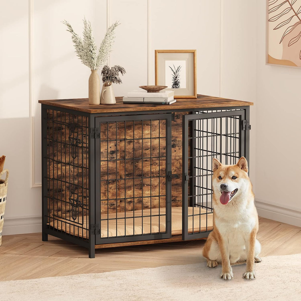 mahancris dog crate furniture with cushion, wooden dog on a desk or shelf