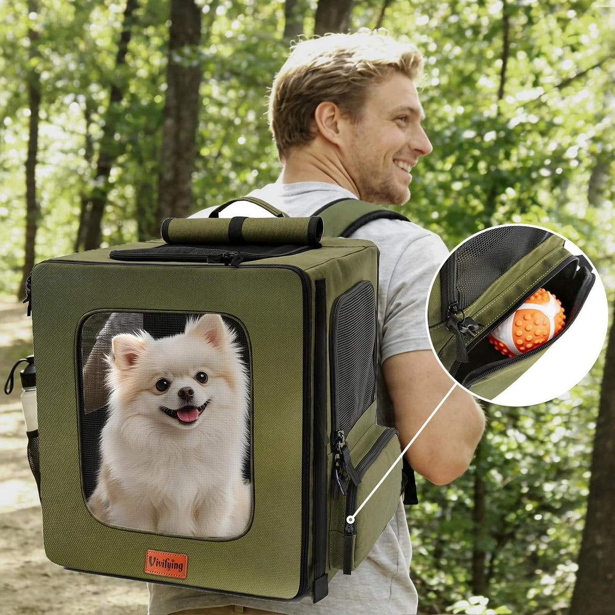 vivifying dog backpack carrier, 16.5"×15"×10.6" breathable pet backpack on a desk or shelf