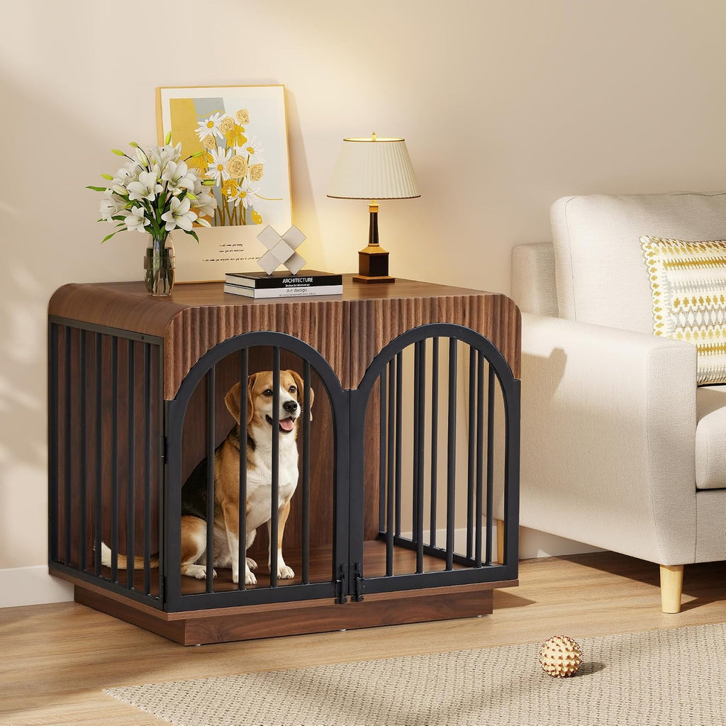 31.5" fluted wooden dog crate furniture for small, front angle view
