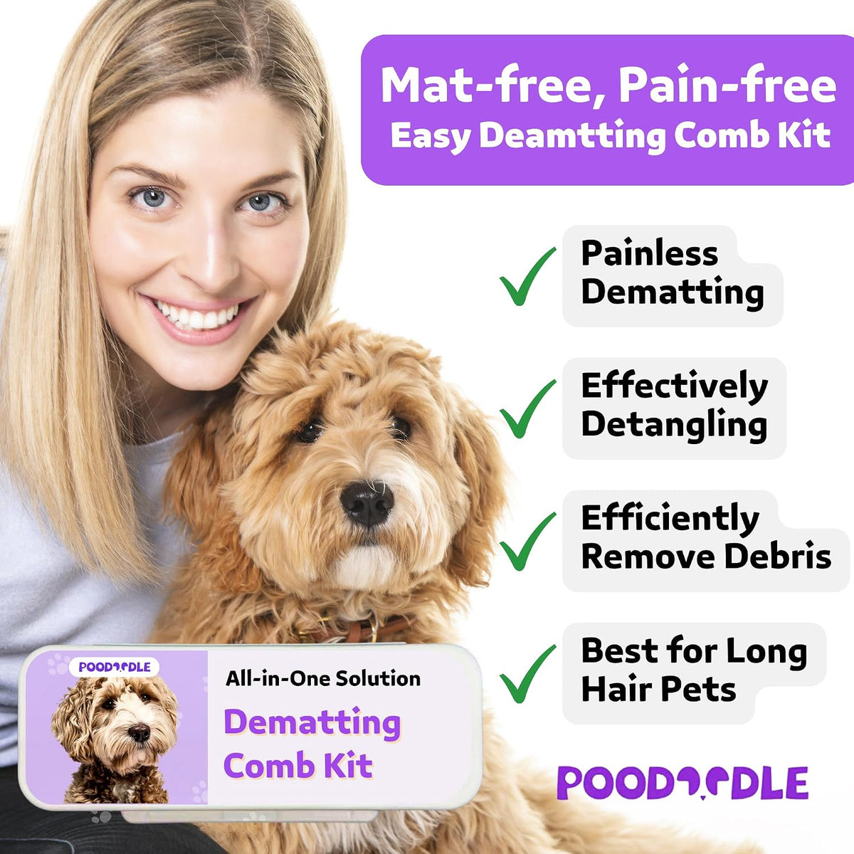 pain-free dematting comb kit for dogs & cats shown in use