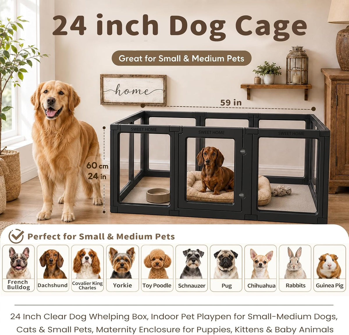 acrylic dog playpen indoor clear puppy fence, 24" showing dimensions
