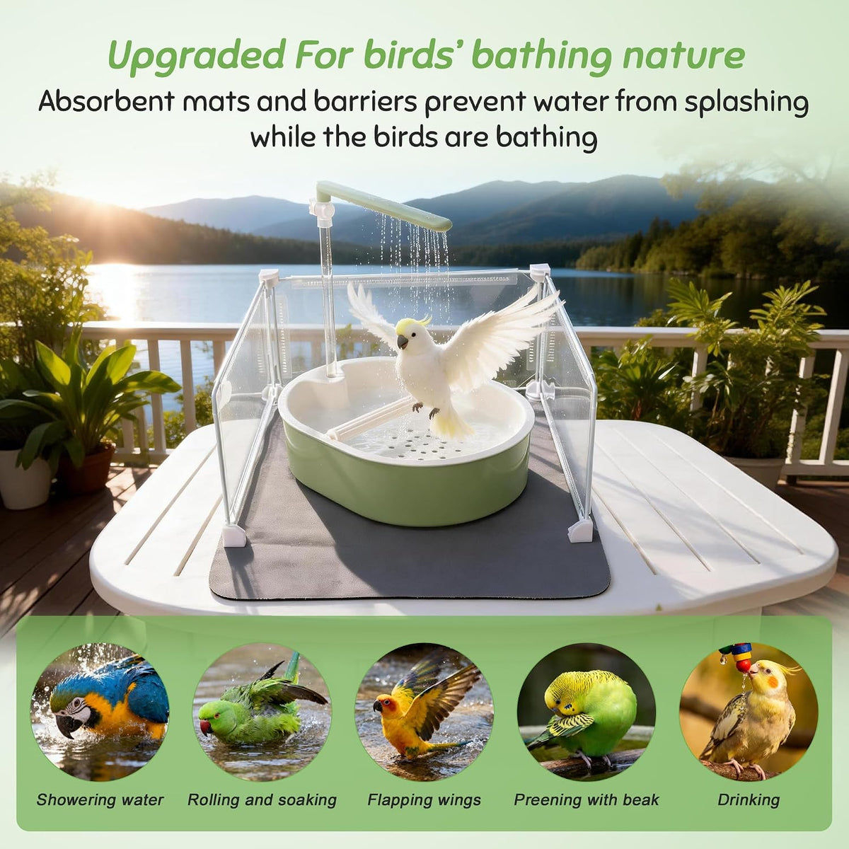 automatic parakeet bird bath, fountain birdbath with usb shown in use