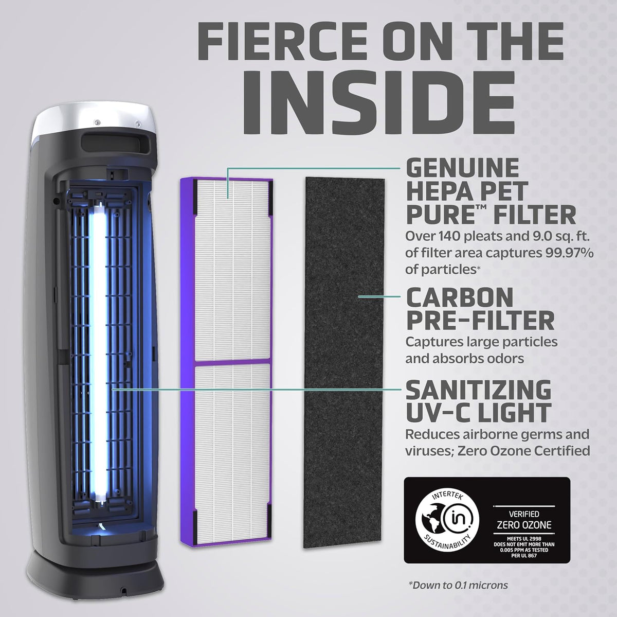 germguardian air purifier with genuine hepa 13 pet, side view