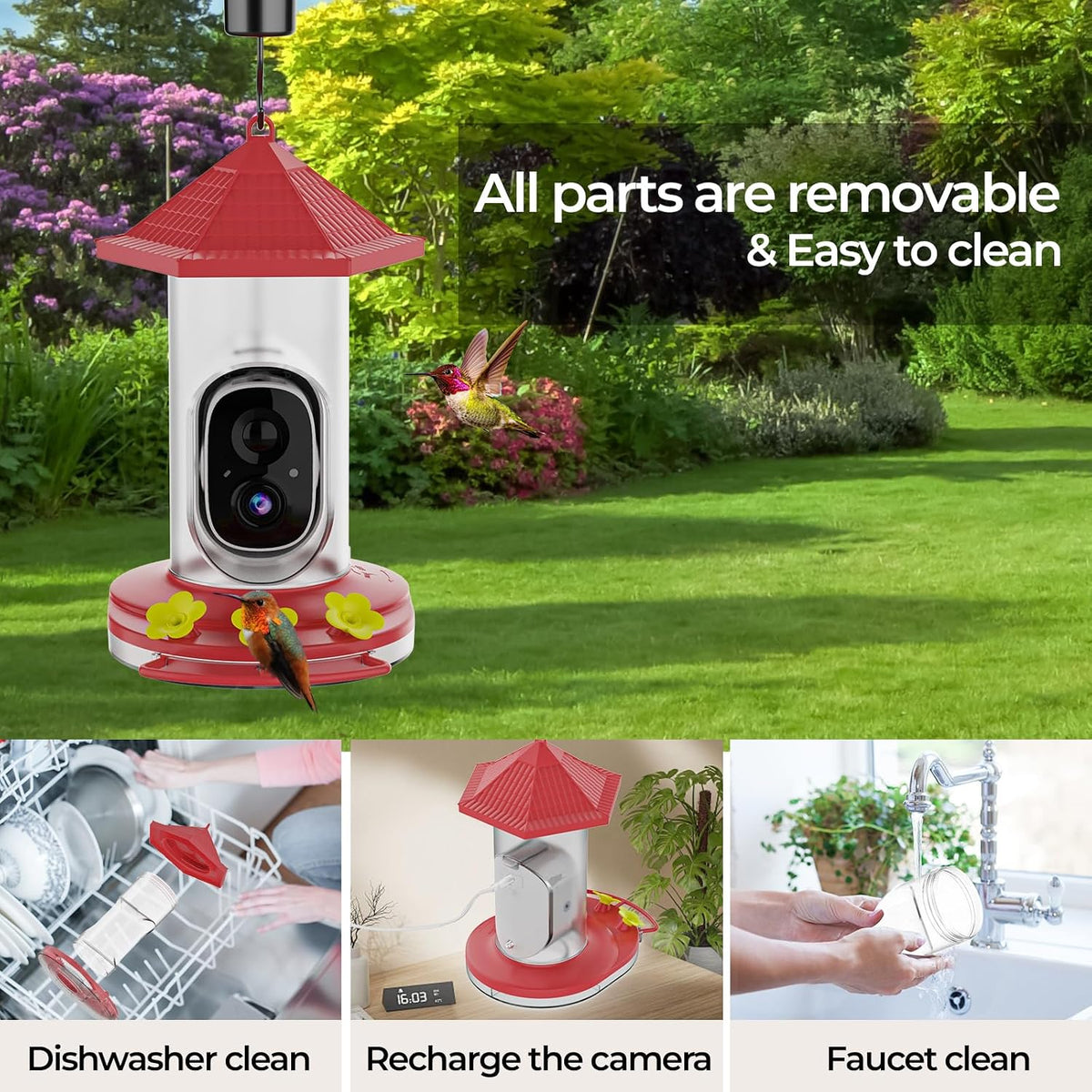 smart hummingbird feeder with camera, wireless bird feeders showing dimensions