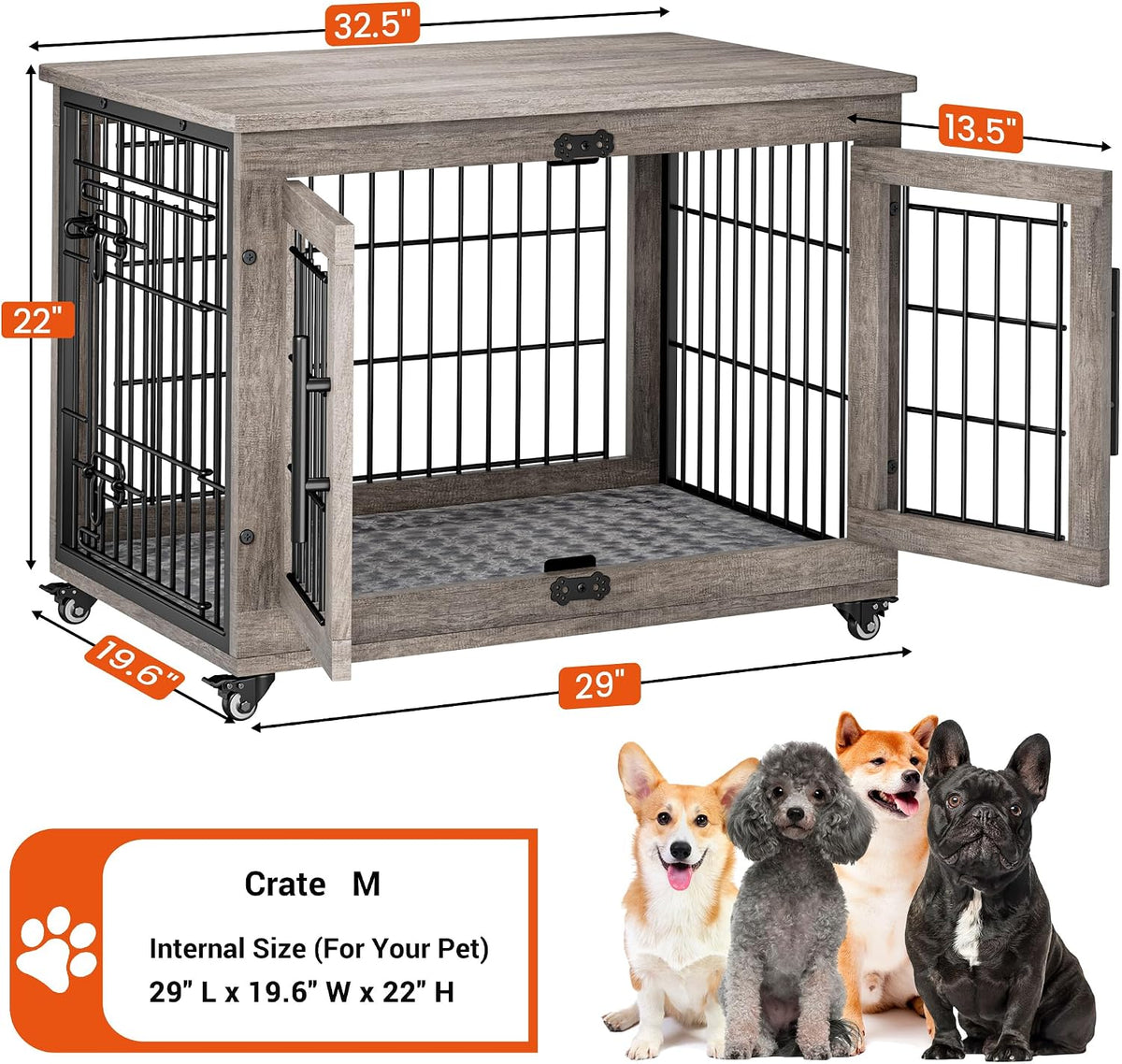 medium dog crate furniture, 32'' heavy duty kennel, side view