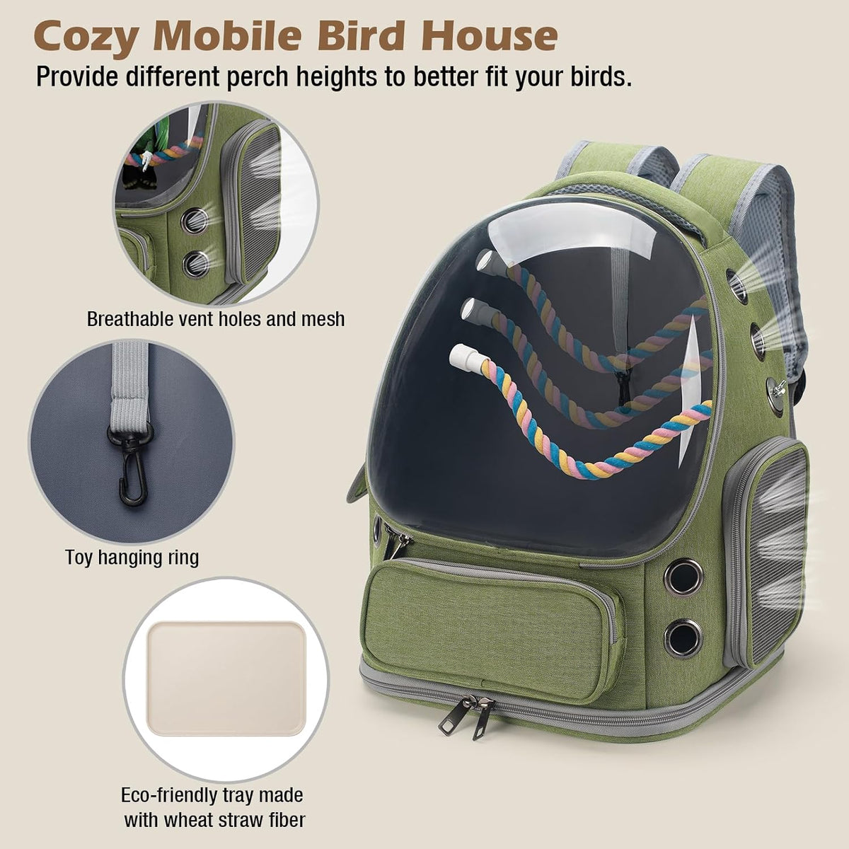 bird backpack carrier travel cage with perch, tray showing dimensions