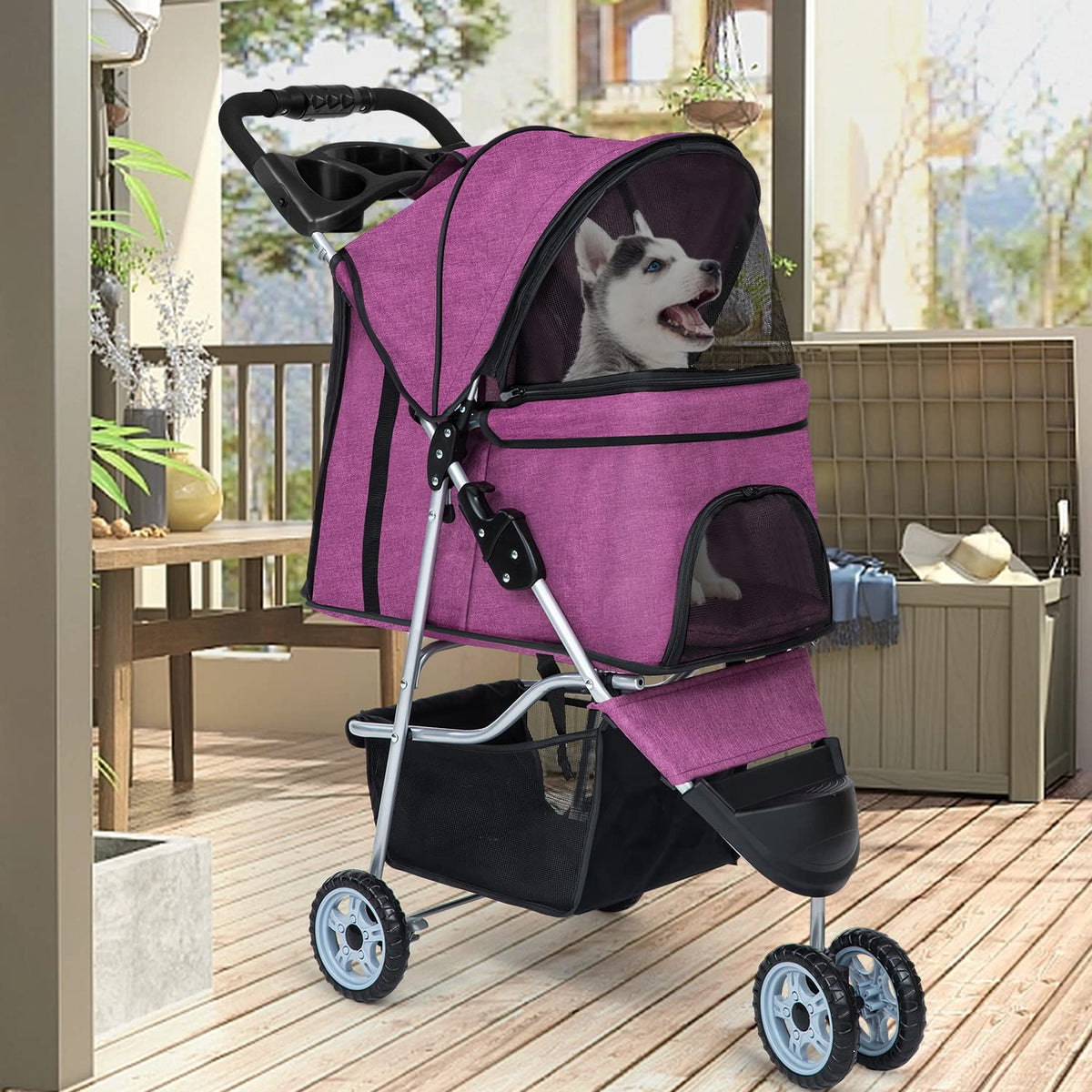 bestpet | 3-wheel foldable pet stroller | purple shown in use