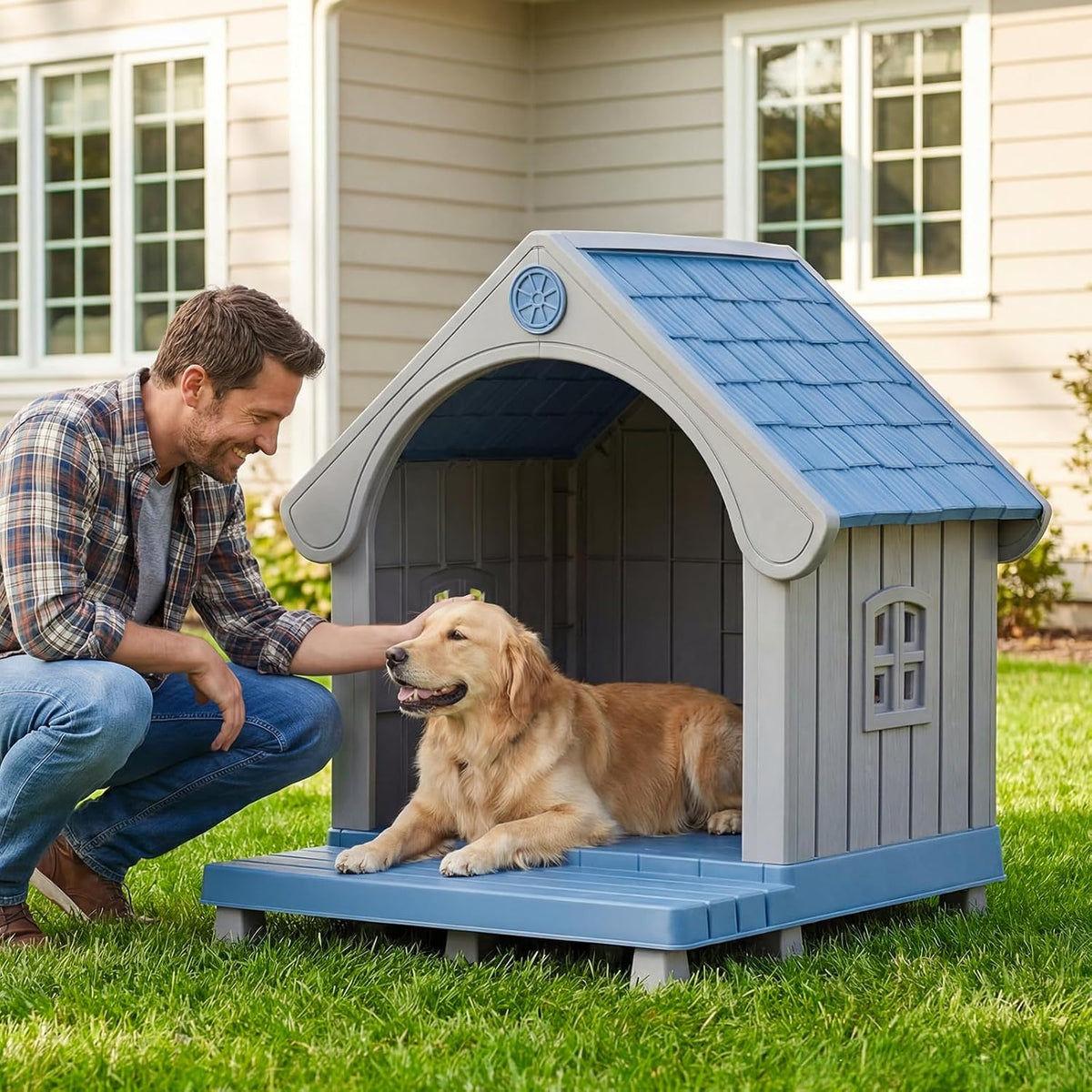 large dog house outdoor waterproof with elevated floor, main product view