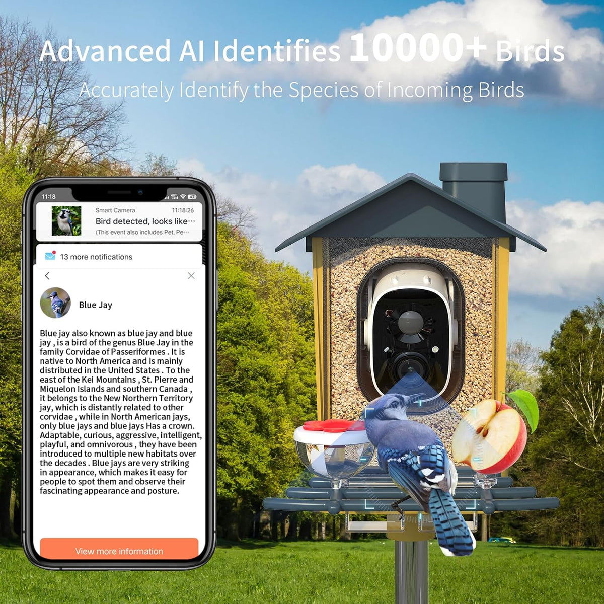 bird feeder with camera - ai identify bird showing dimensions