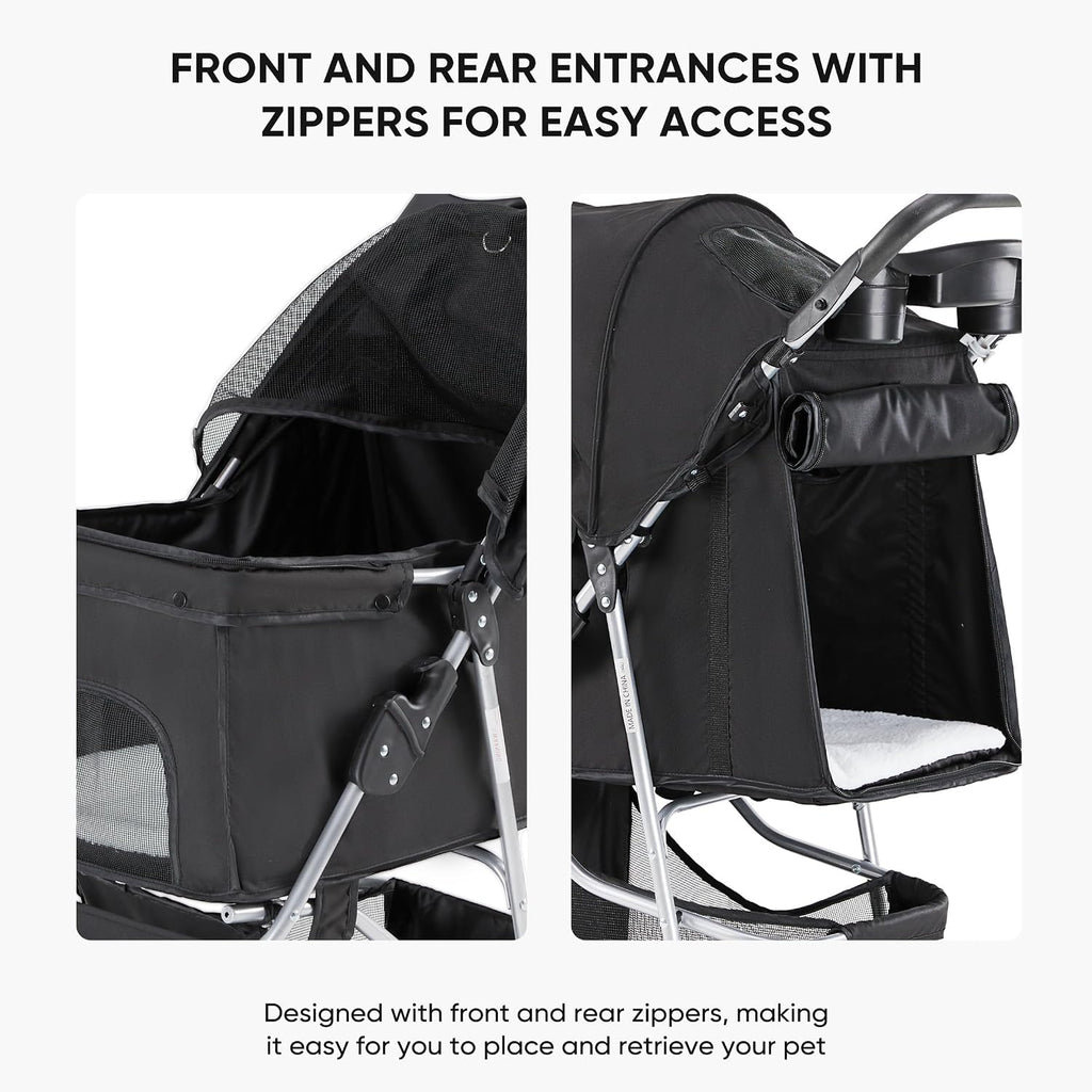 newbulig foldable 3 wheel pet stroller for medium showing dimensions