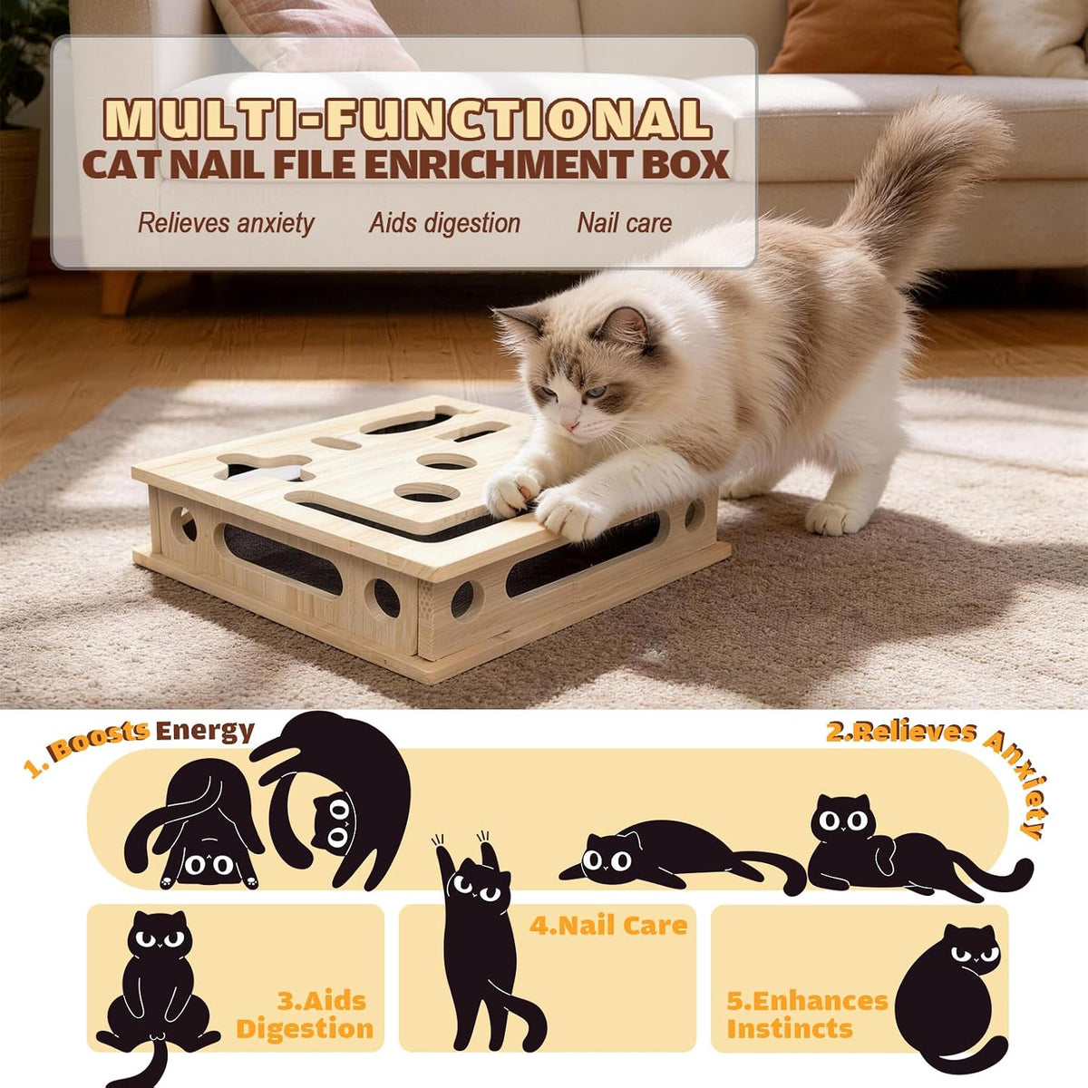 cat scratch puzzle enrichment box, large solid wood, close-up detail