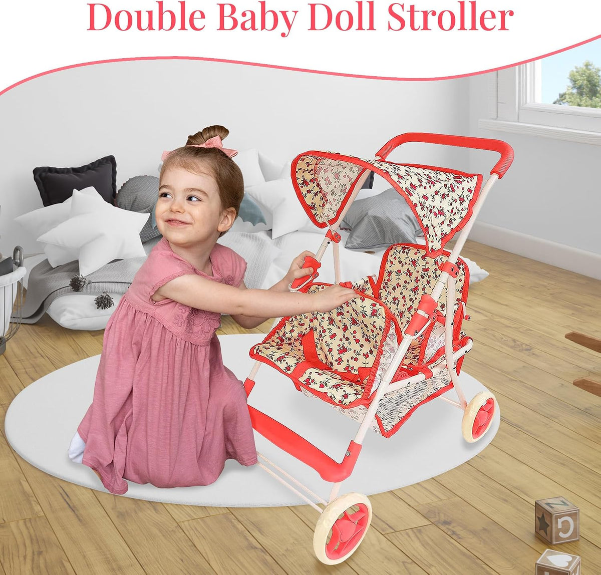 double doll stroller for baby dolls & twin, front angle view