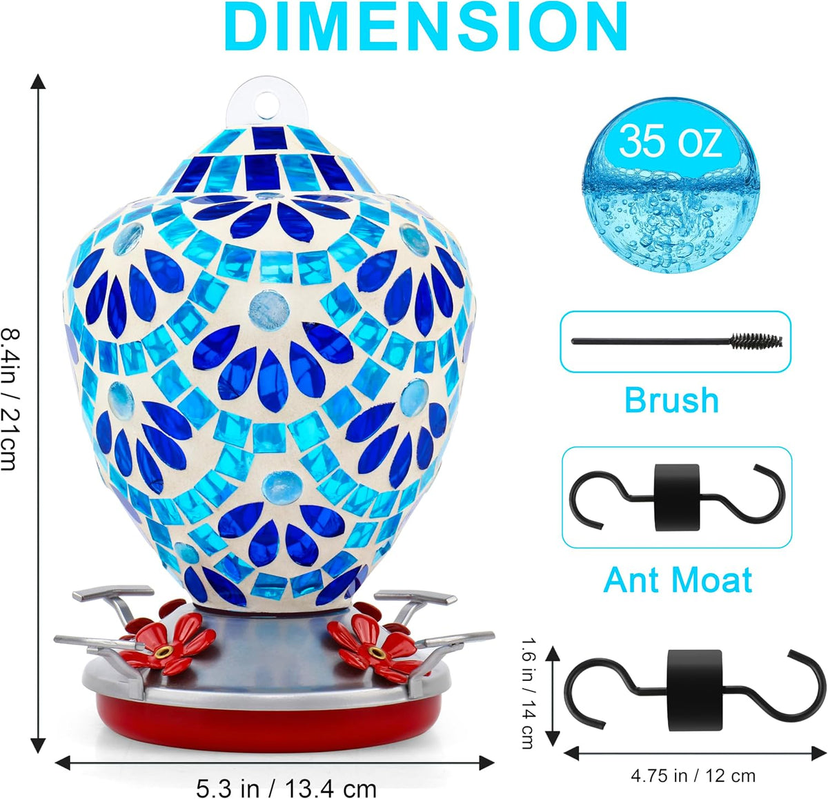 voreen glass mosaic hummingbird feeders, 34oz with ant, side view