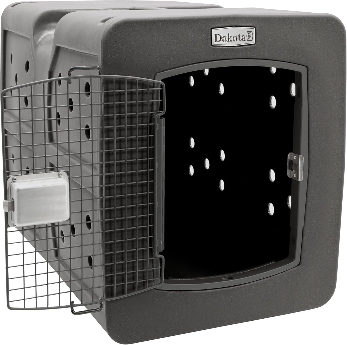 dakota283 g3 portable high-security framed dog kennel, dark shown in use