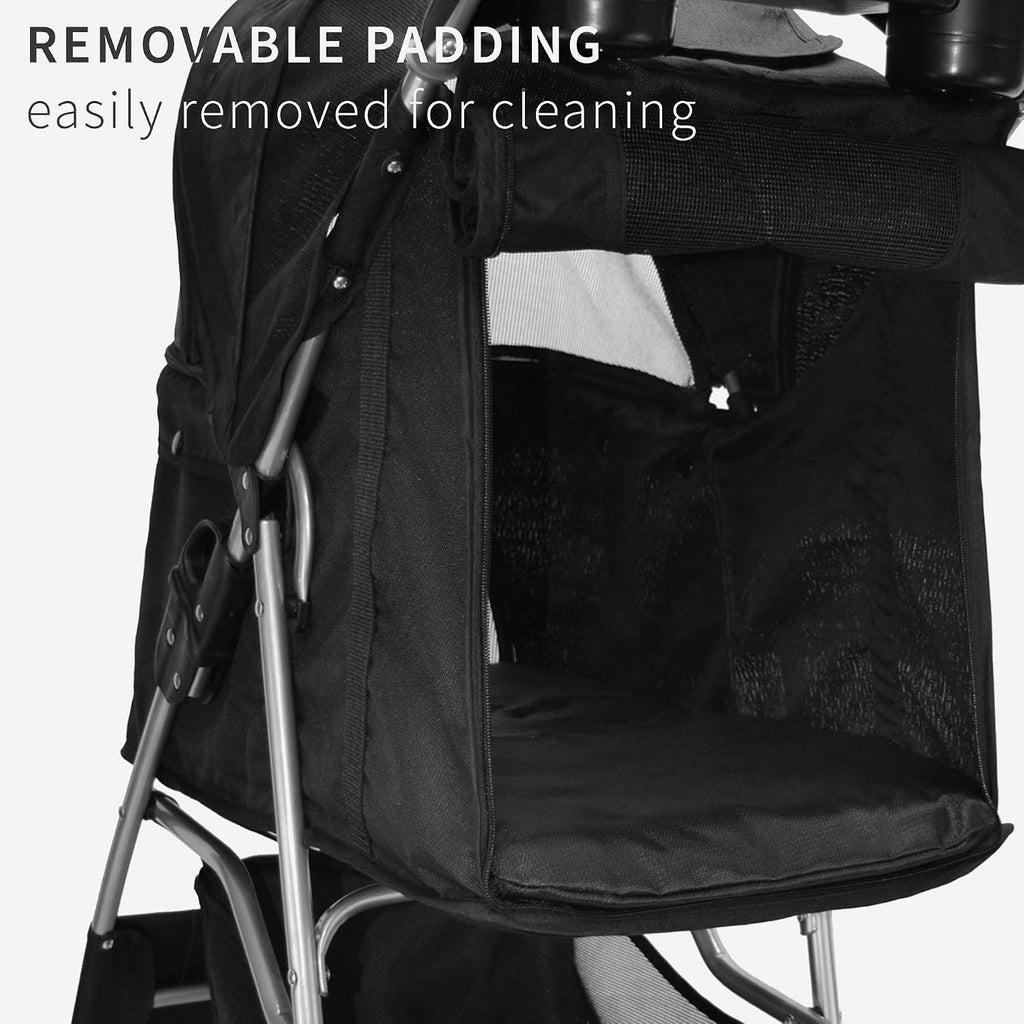vivo black 4 wheel pet stroller for cat, close-up detail