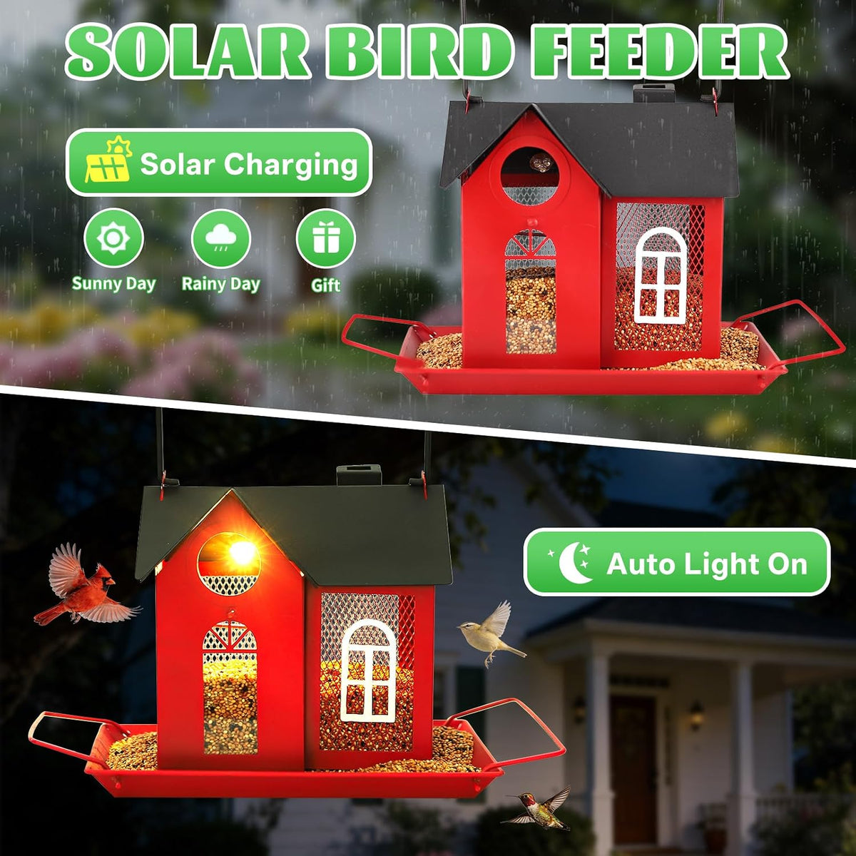solar bird feeder for outdoors - red metal shown in use