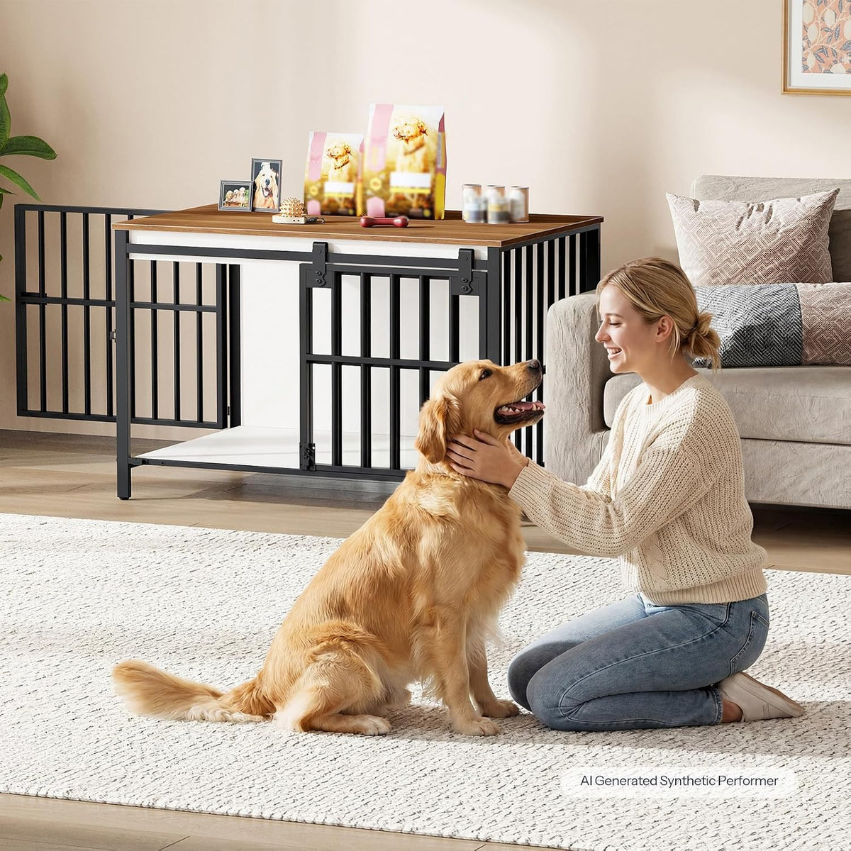 hoobro dog crate furniture with sliding barn door, front angle view
