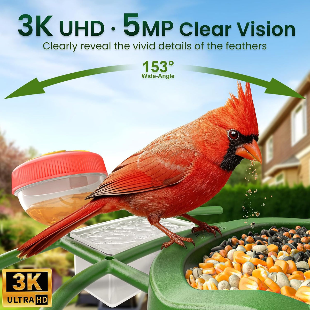 solar bird feeder with camera 3k uhd adjust, close-up detail