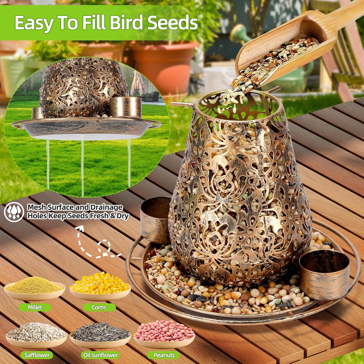 mushroom solar bird feeders for outdoors hanging metal showing dimensions