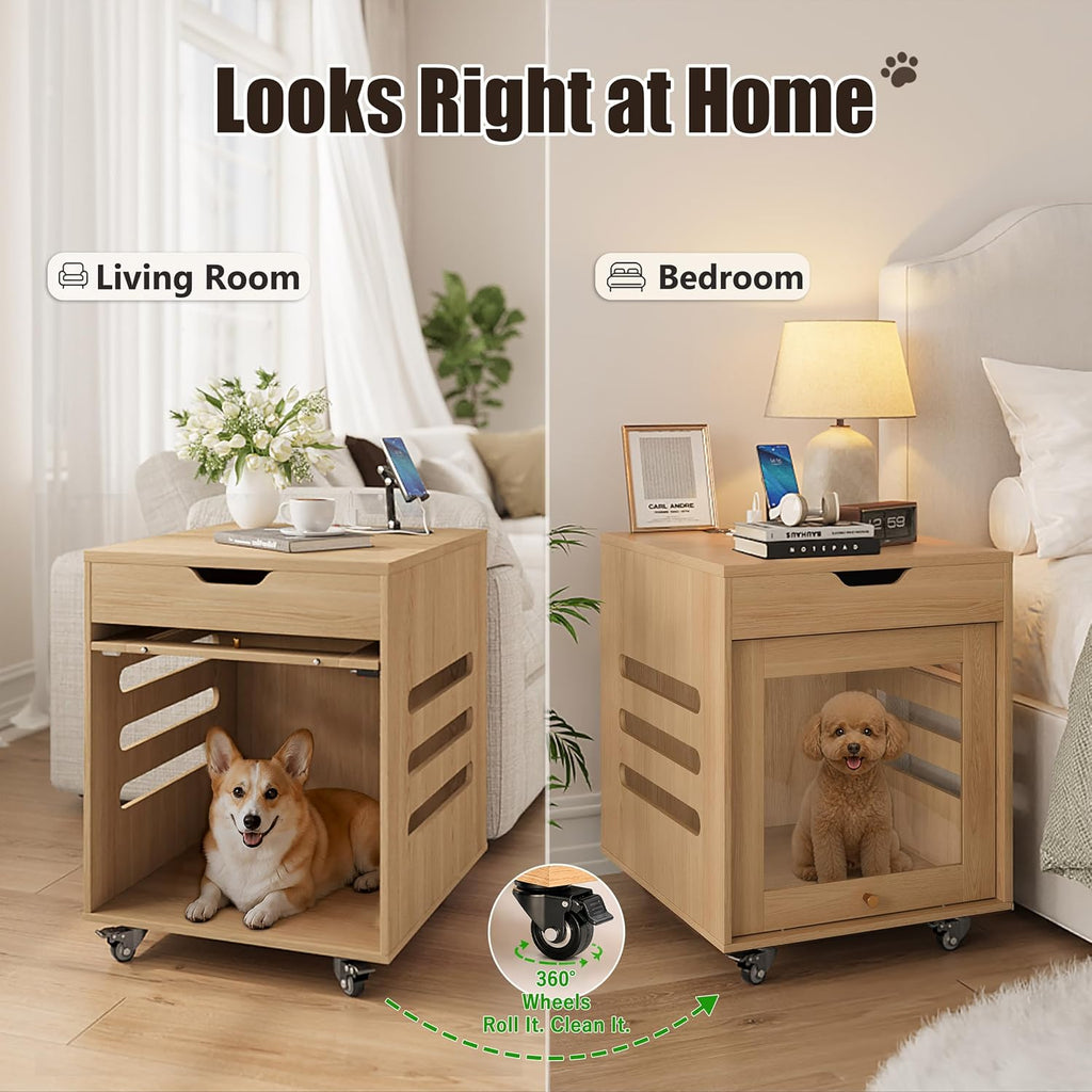 small dog crate furniture with flip-up glass door, close-up detail