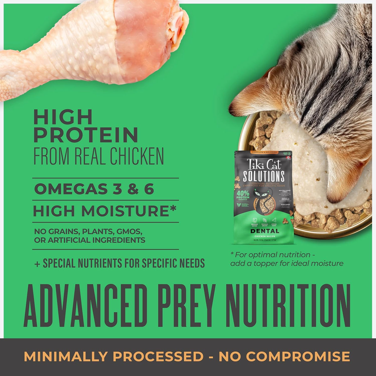 tiki cat solutions dry cat food, dental, chicken., side view