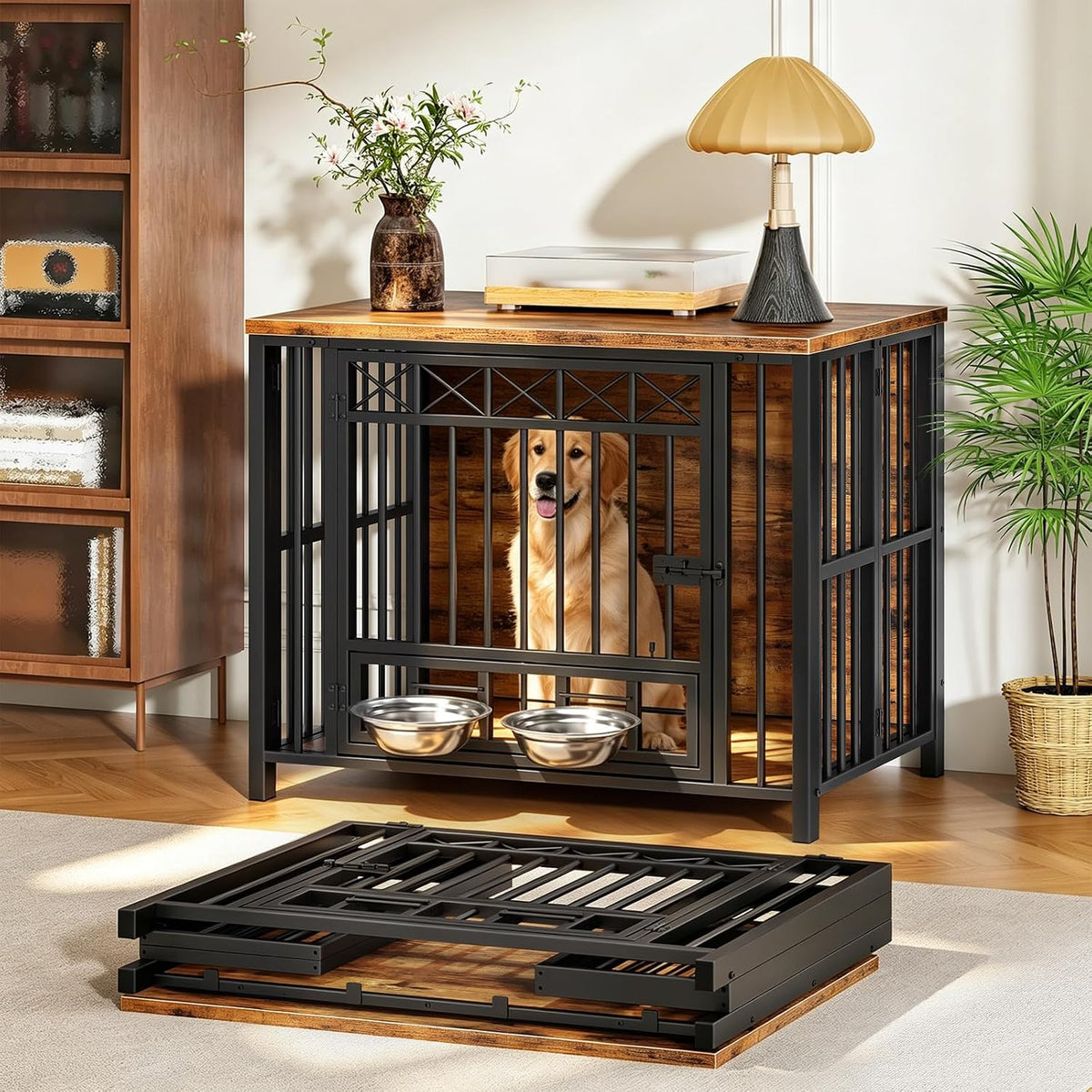 hoobro foldable dog crate furniture with 360° rotating, main product view