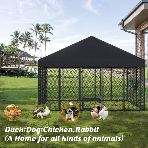 10x10ft outdoor dog kennel with roof and feeding shown in use