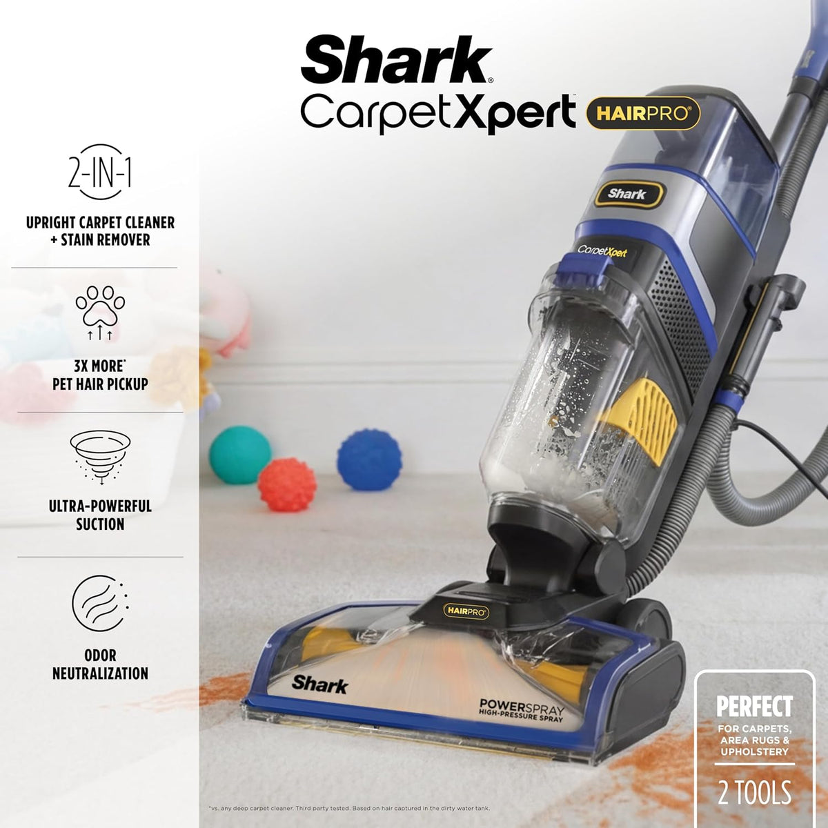 shark carpetxpert hairpro carpet & built-in stain cleaner shown in use