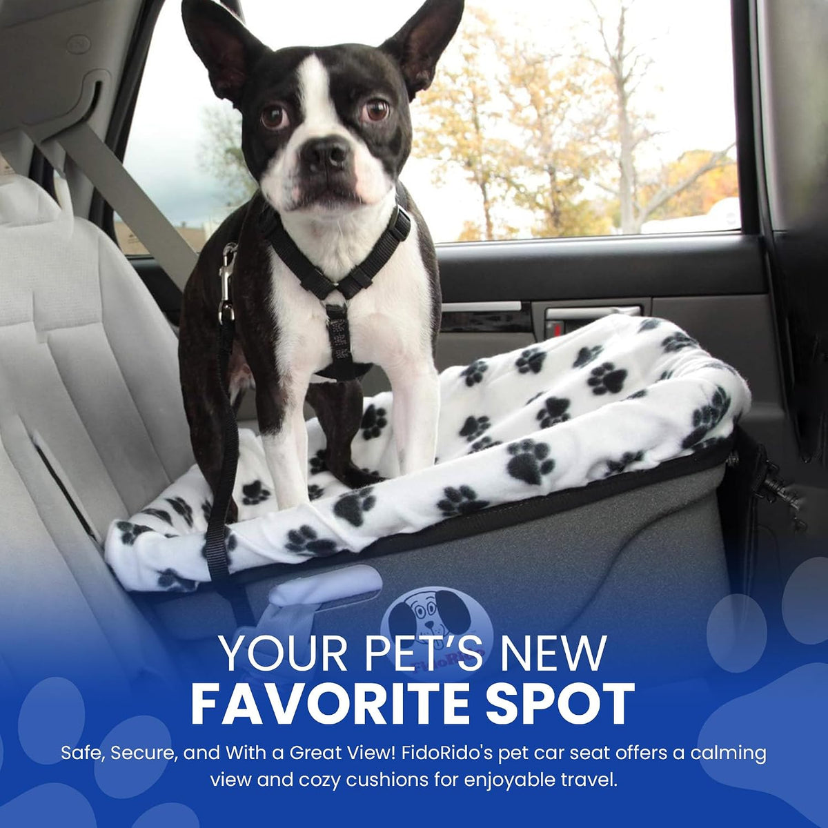 fidorido dog car seat, white/black paws, booster seat, side view