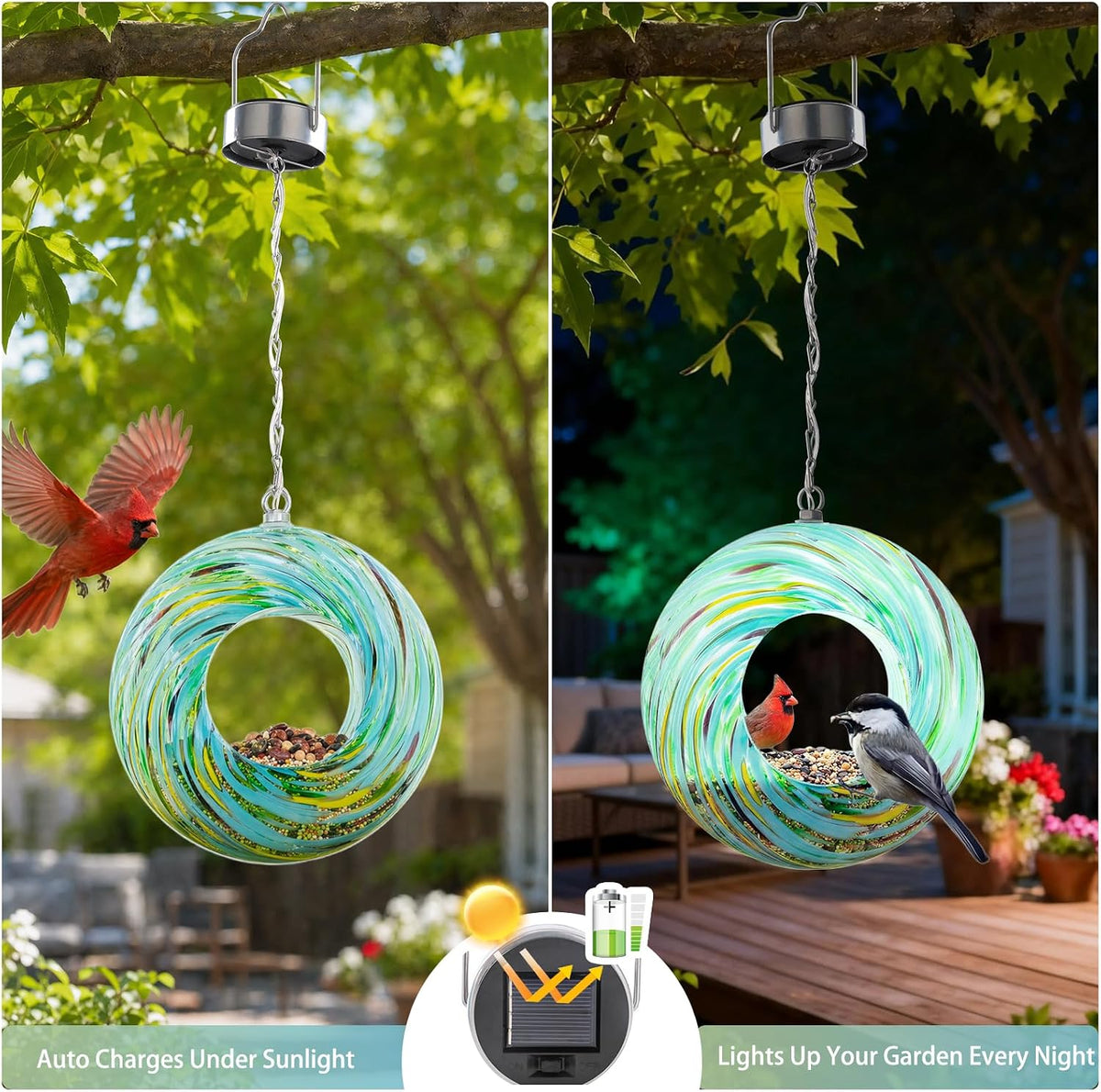 yinns glass bird feeder outside, hanging solar birdfeeder, side view