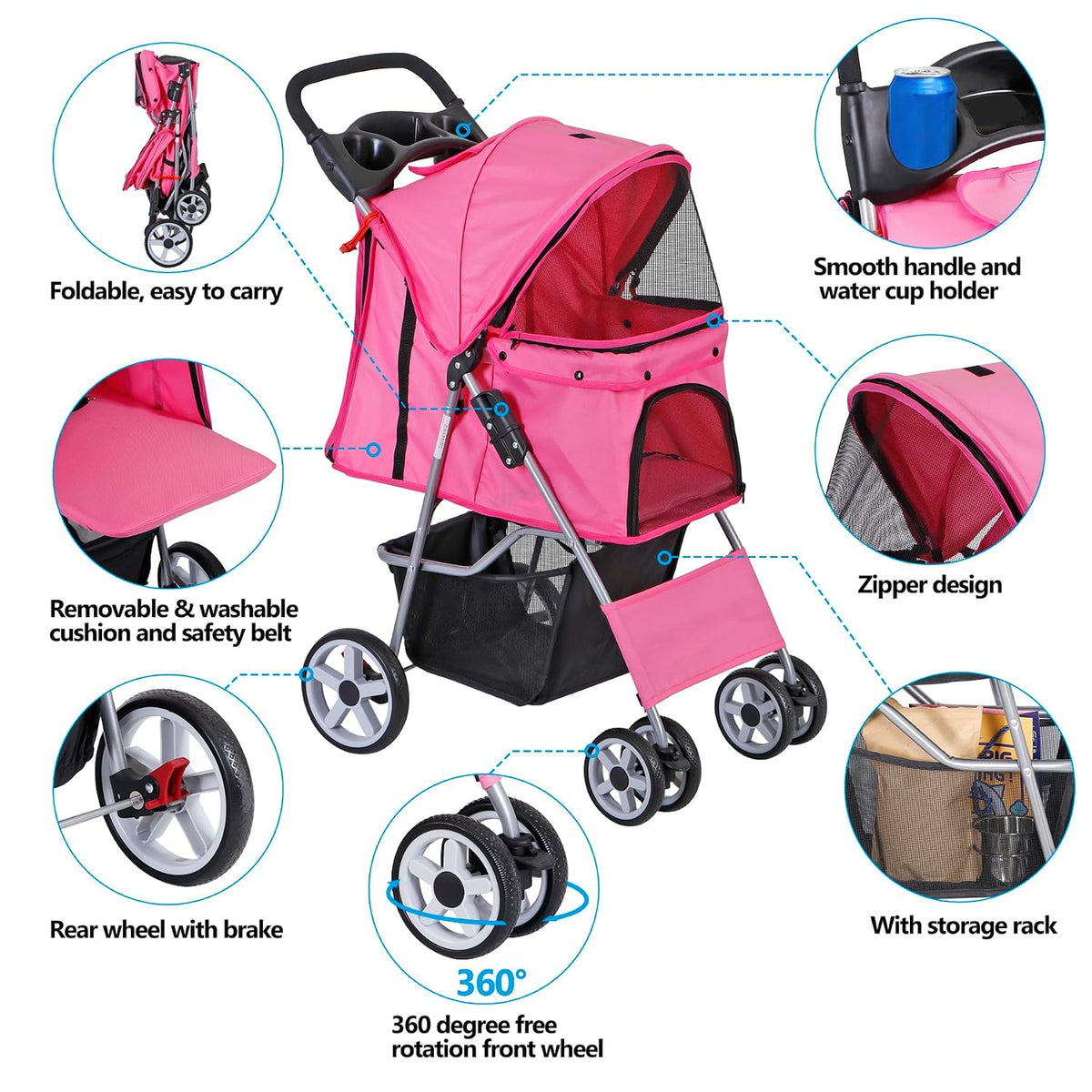 4 wheels dog stroller folding pet strolling cart, view 9