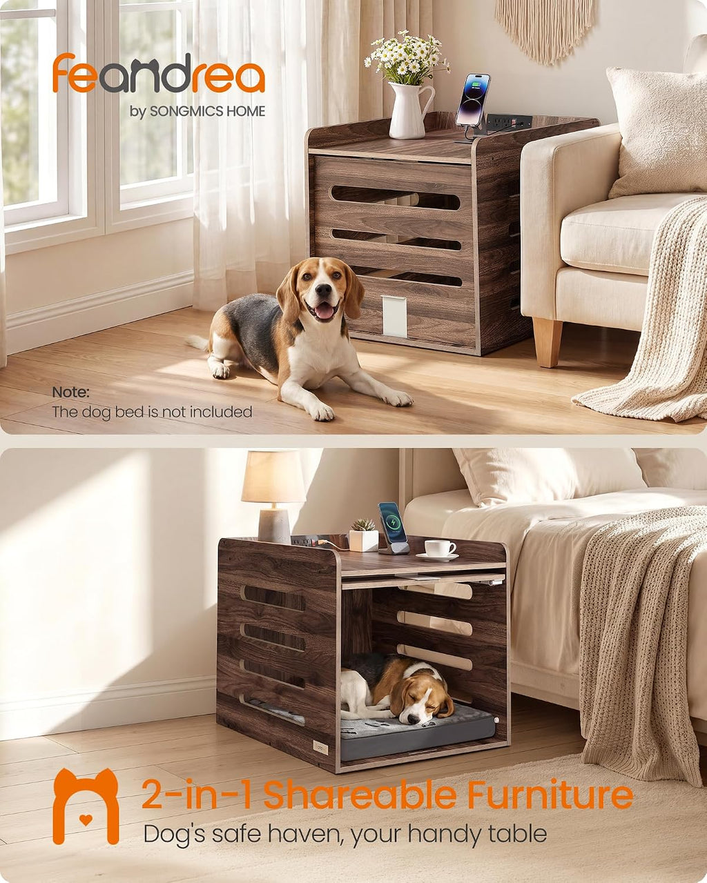 feandrea modern dog crate furniture, charging station, flip-up shown in use