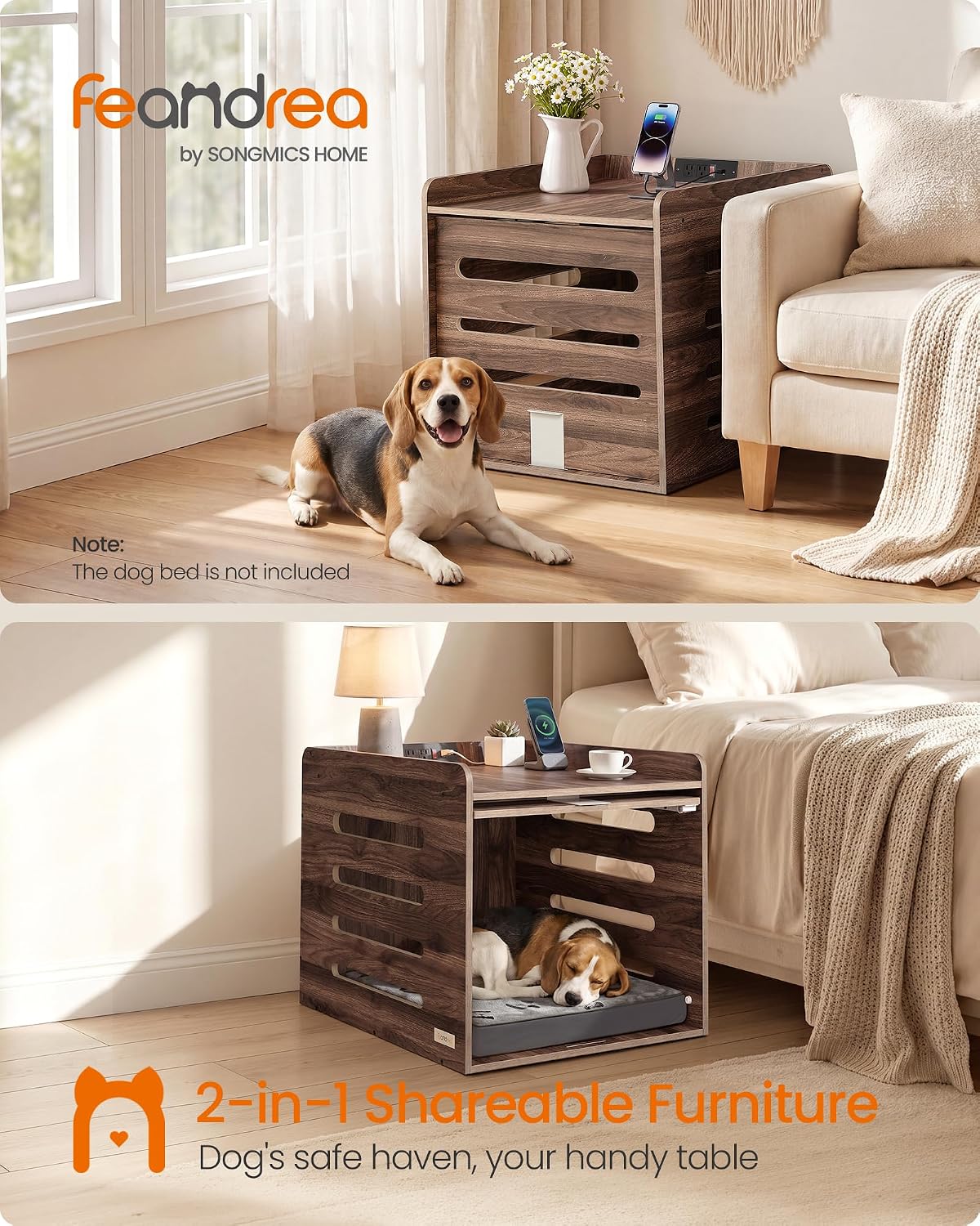 feandrea modern dog crate furniture, charging station, flip-up shown in use