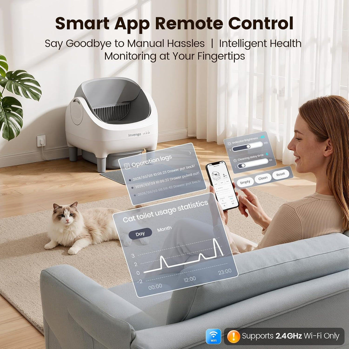 automatic litter box, electronic hands-free, open top self shown in use