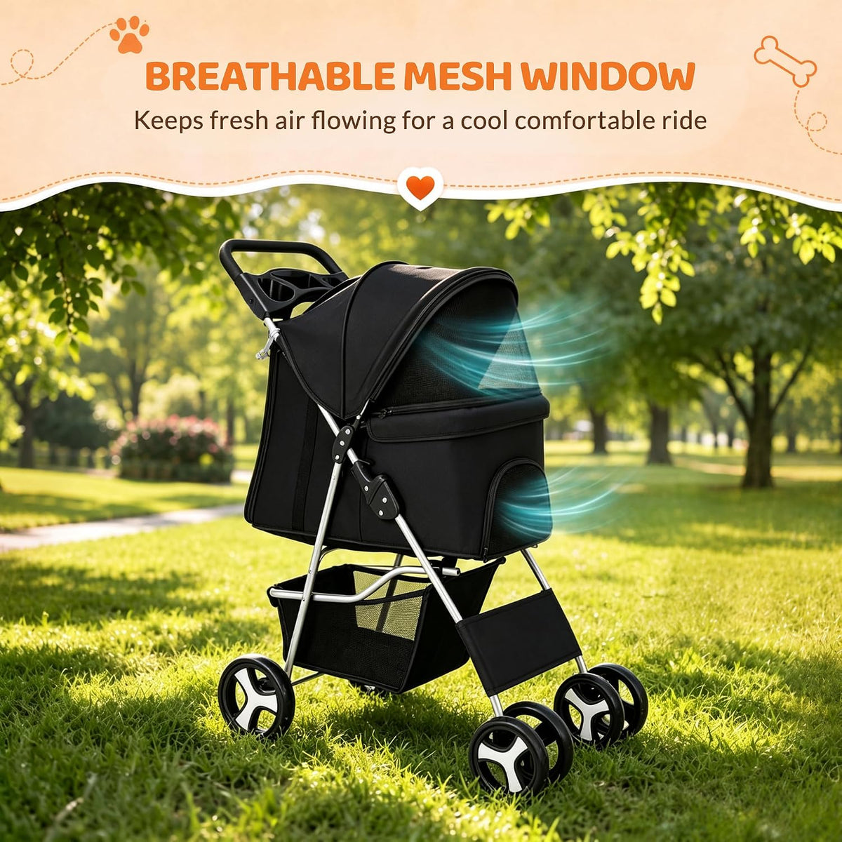 zeny foldable pet stroller, cat/dog stroller with 4 showing dimensions