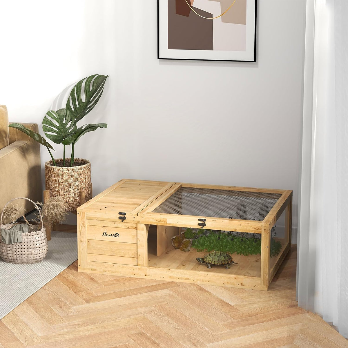 pawhut wooden tortoise house indoor turtle habitat enclosure shown in use