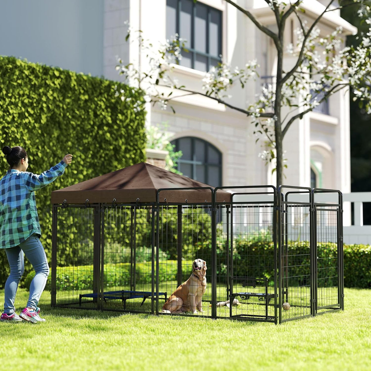 pawhut dog kennel outdoor with waterproof canopy, dog, view 9