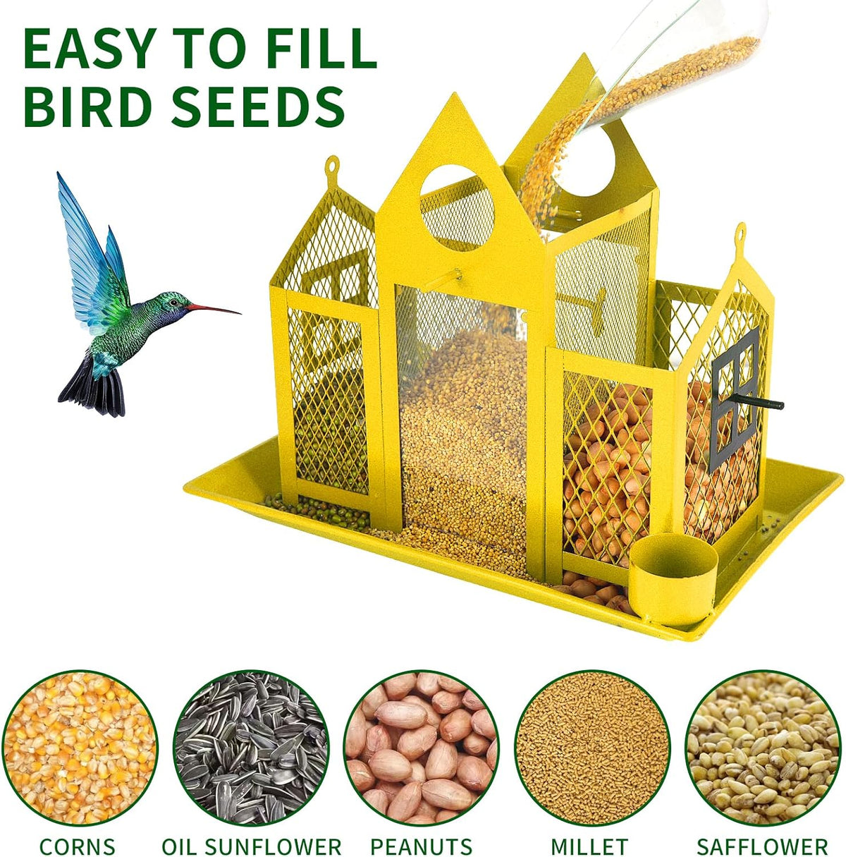 solar bird feeders house for outside hanging, metal showing dimensions
