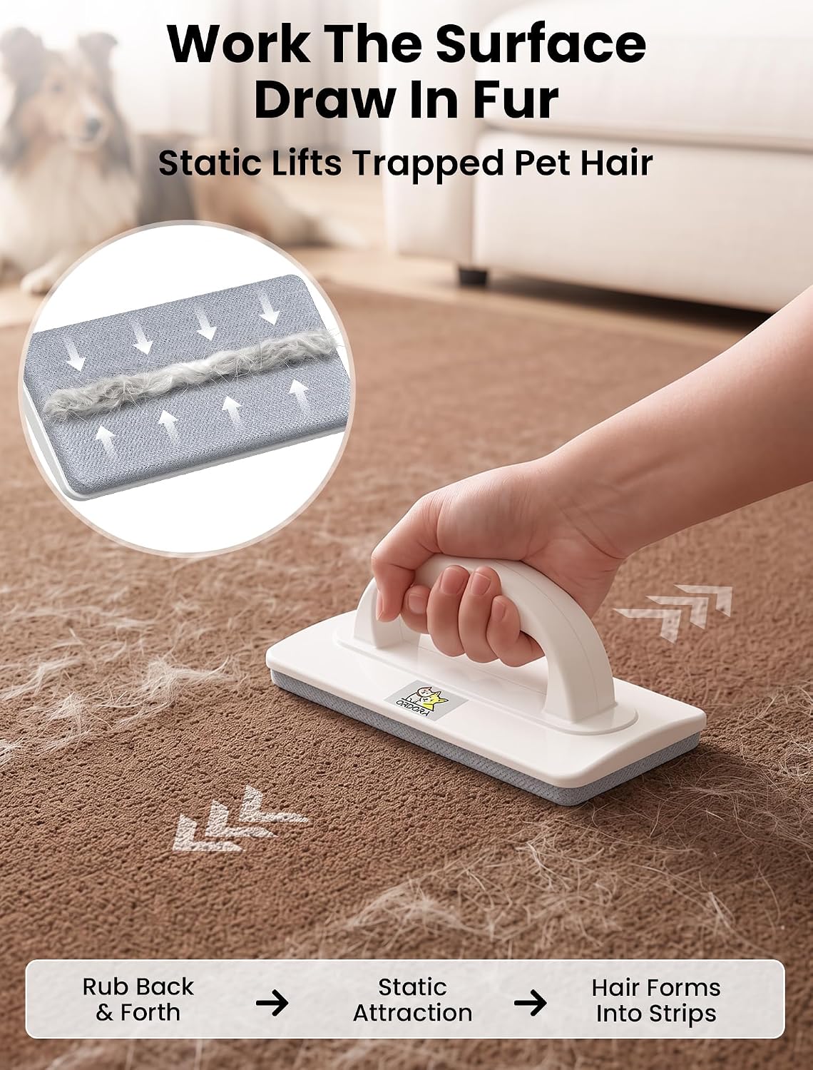 ordora reusable pet hair remover brush for furniture showing dimensions
