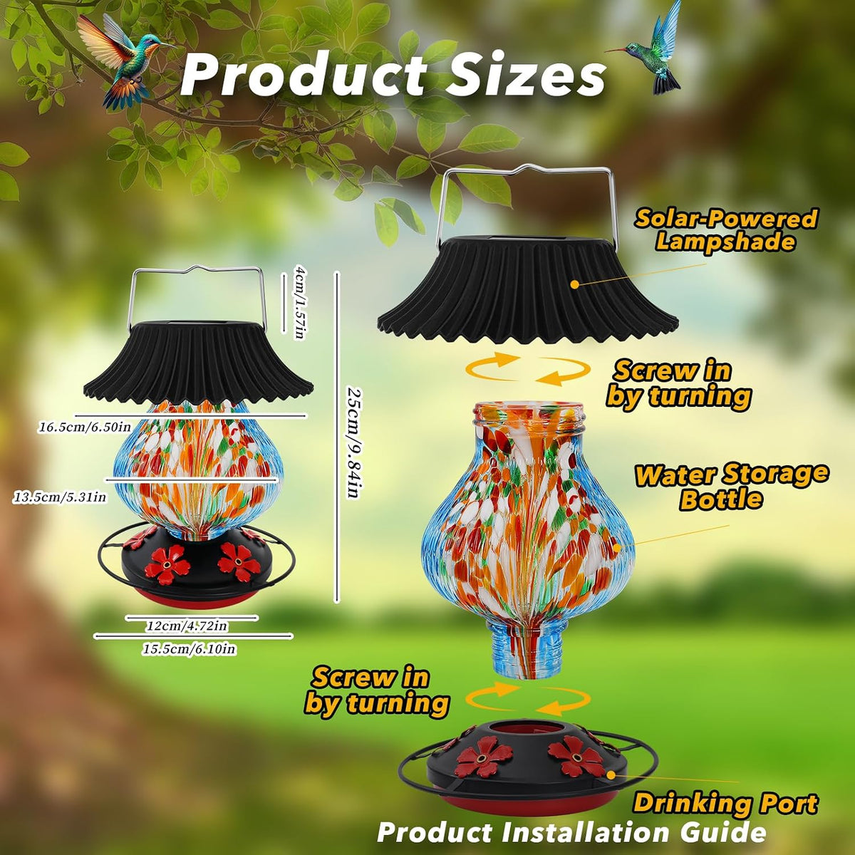 solar hummingbird feeder, hand blown glass multicolor night, close-up detail