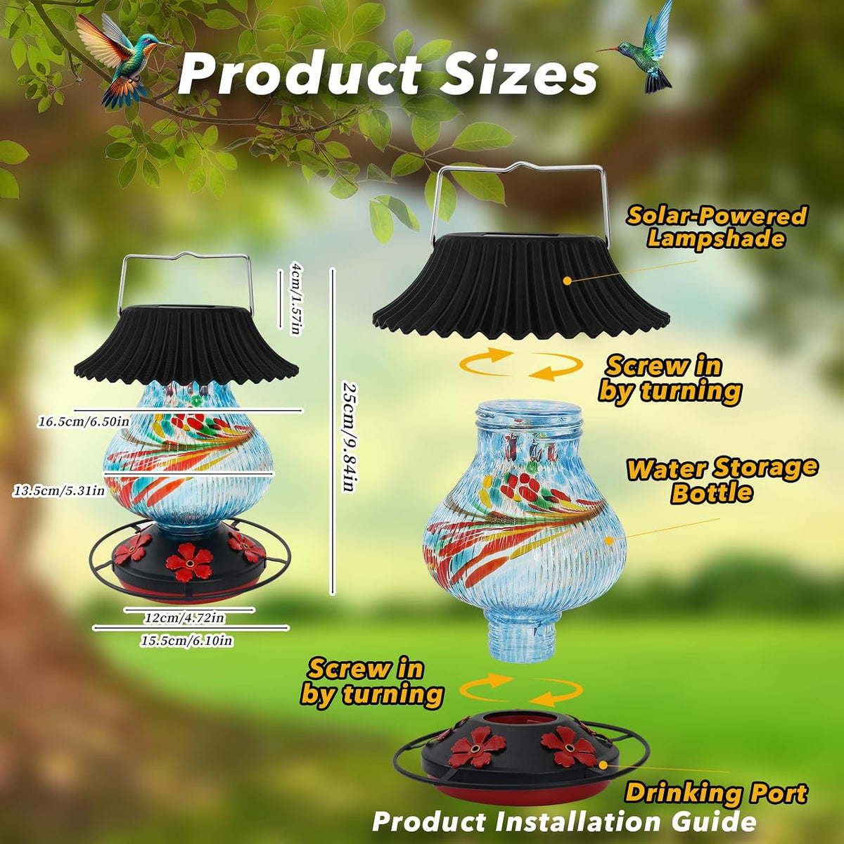 solar hummingbird feeder, hand blown glass multicolor night, close-up detail