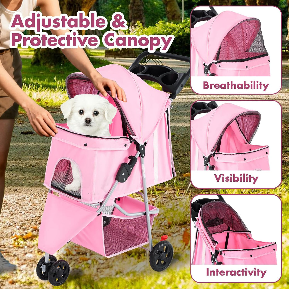 dumos 3 wheels pet stroller for small dogs on a desk or shelf