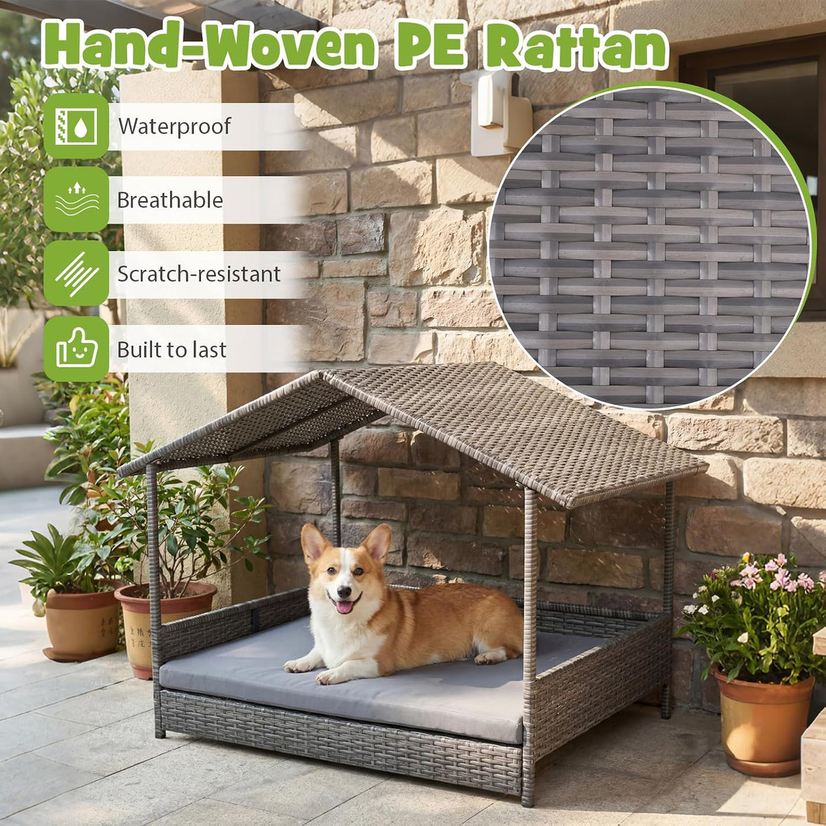 giantex outdoor wicker dog house with roof canopy, side view