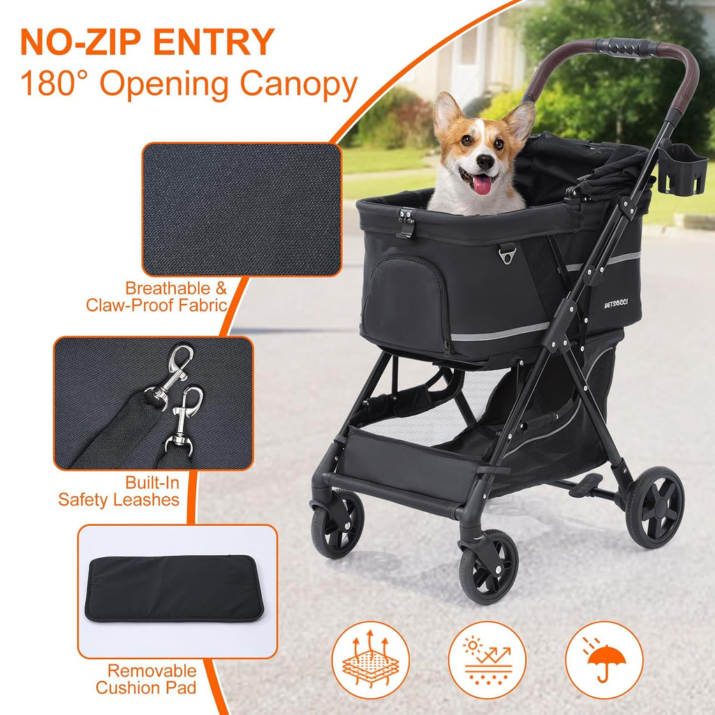 dog stroller with no-zip buckle canopy, fits 2 shown in use
