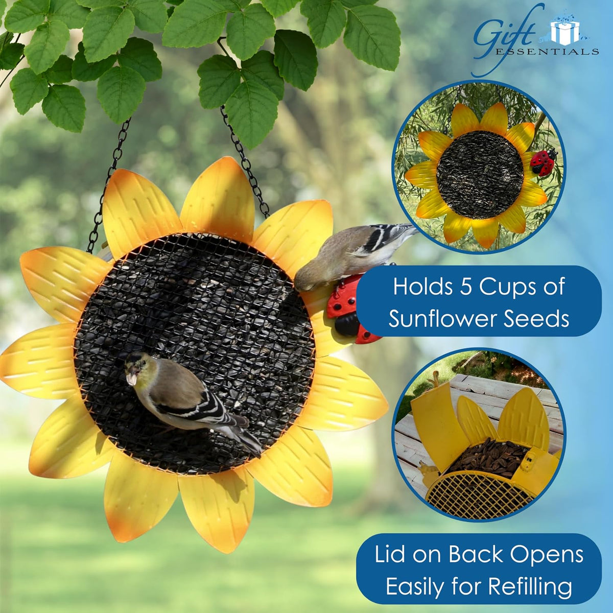gift essentials sunflower metal mesh feeder - garden shown in use