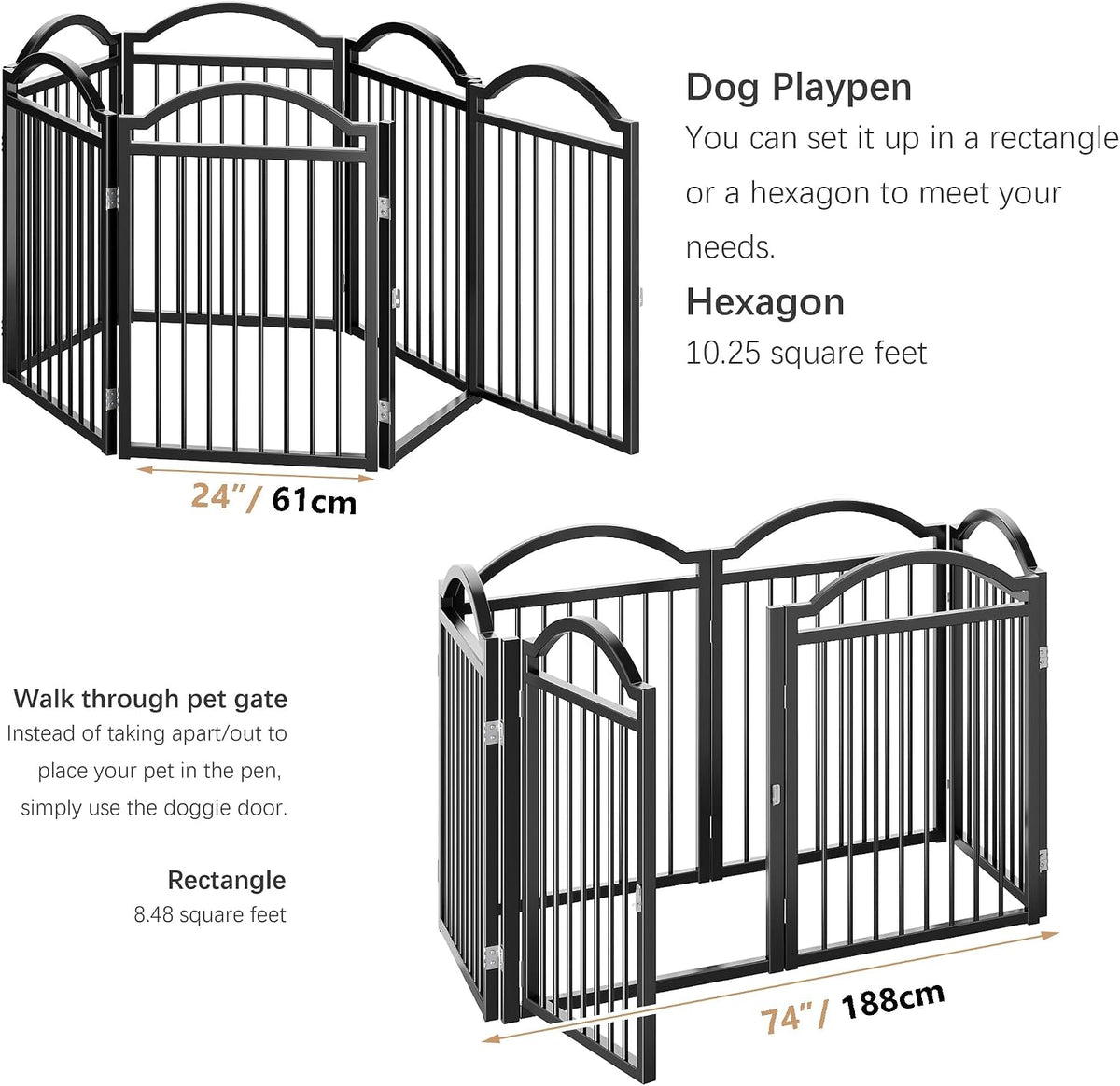 bhg metal no-assembly freestanding dog gate with door showing dimensions