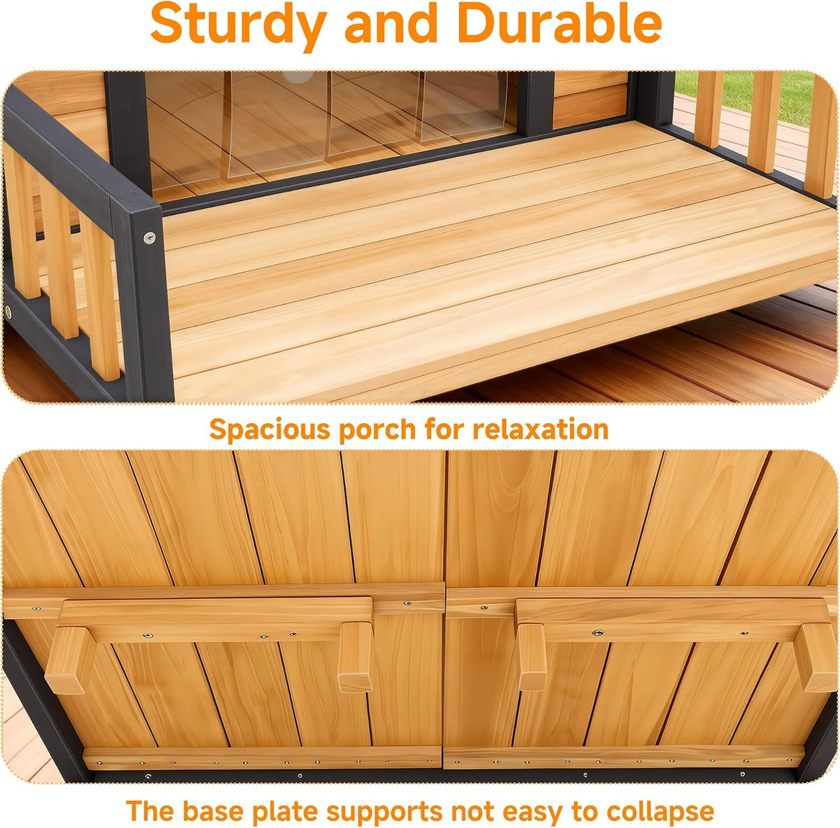 large dog house outdoor, wood weatherproof shelter with showing dimensions